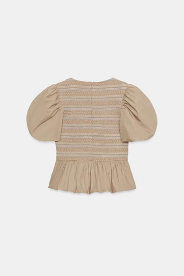 TOP BALLON NID D'ABEILLE BRODÉ - Beige foncé de Zara - Image 6