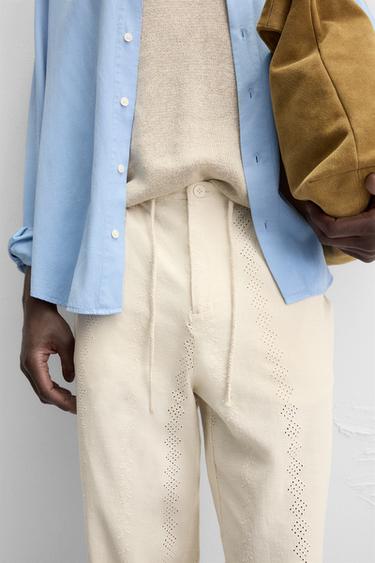 PANTALON COTON ET LIN BRODÉ ET PERFORÉ - Beige clair de Zara - Image 4