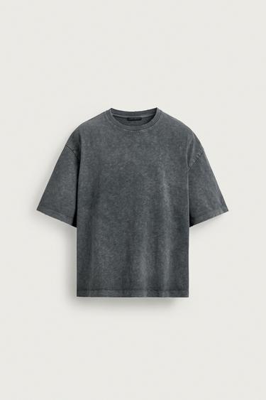 릴렉스핏 플레임 워싱 스트럭처 티셔츠 - Zara 다크 앤트러사이트 그레이