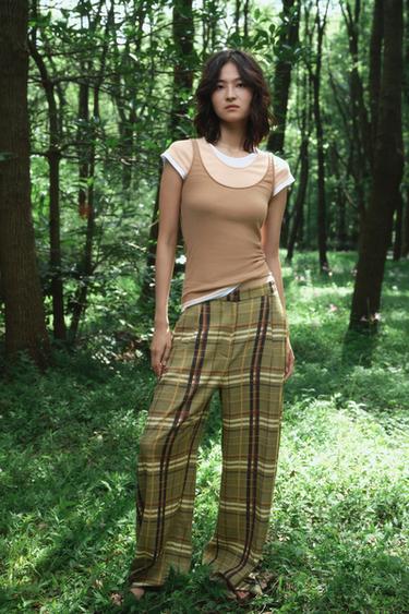 Zara ZW COLLECTION 亞麻格紋長褲 - 綠色 - 圖片 0