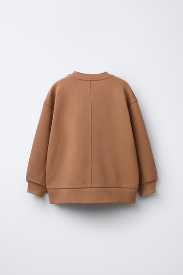 PLAIN SWEATSHIRT WITH EMBOSSED SLOGAN - Brown by Zara - Image 1