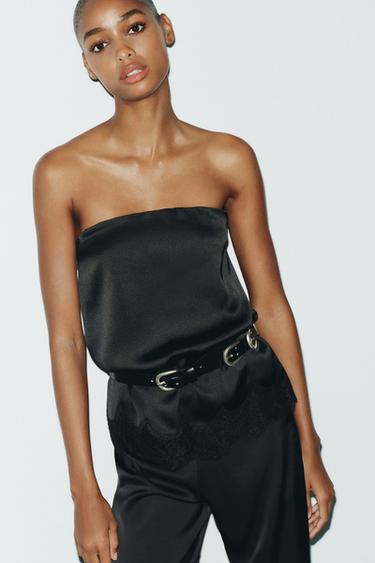 SATIN TOP WITH LACE TRIM - Black by Zara