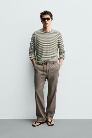 Zara 棉麻休閒版長褲 - 棕色 / 暗灰褐色