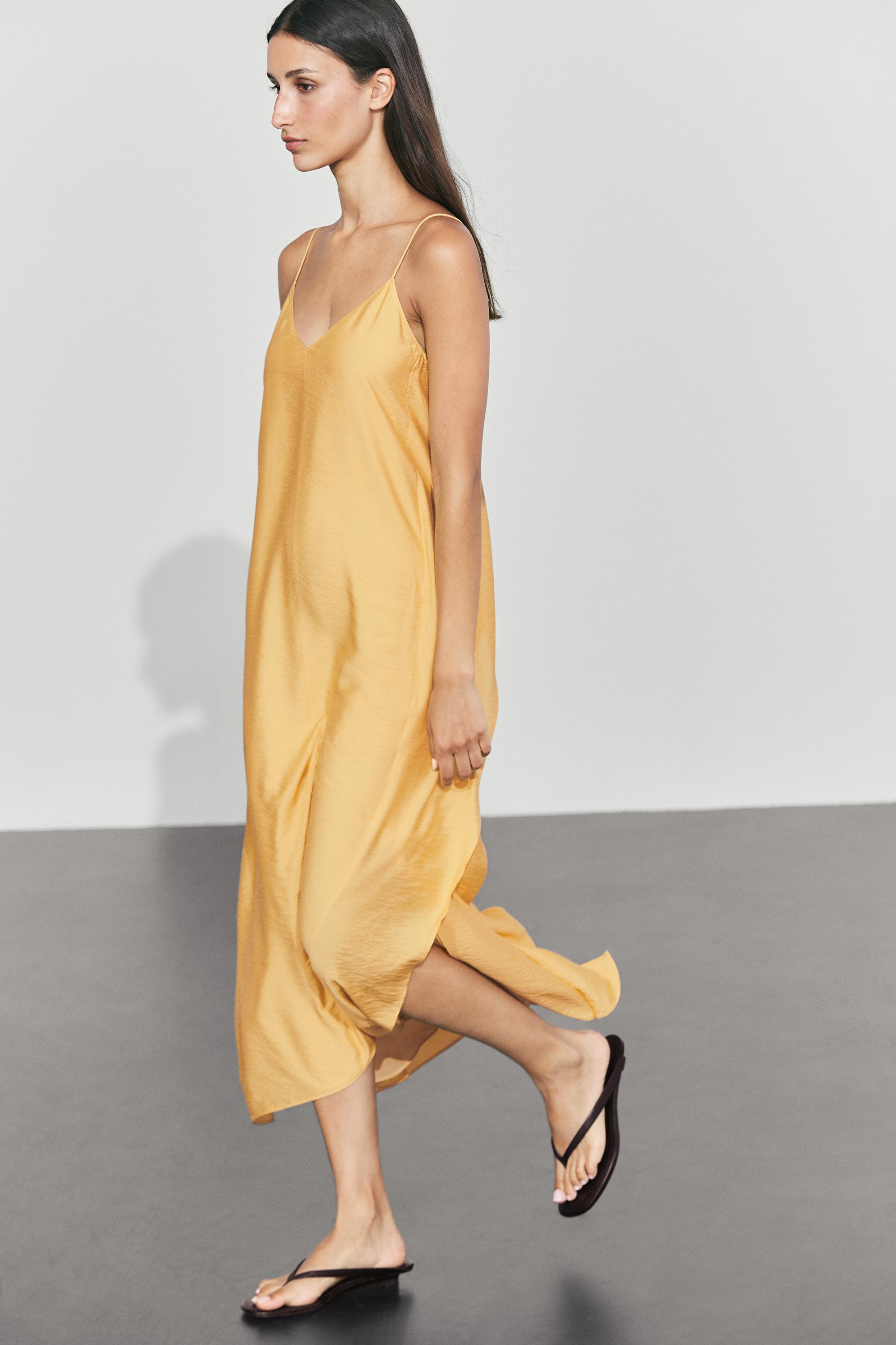 Flowing lingerie dress with ruffle detail — yellow