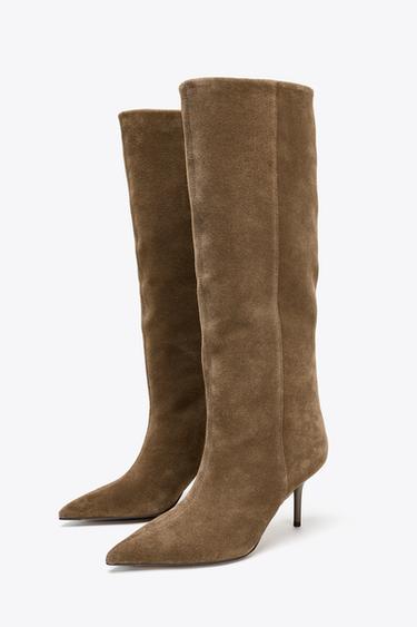 SPLIT SUEDE STILETTO HEEL BOOTS - Taupe Grey by Zara - Image 3