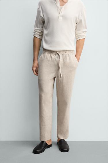 Zara RELAXED FIT LINEN PANTS - Light beige