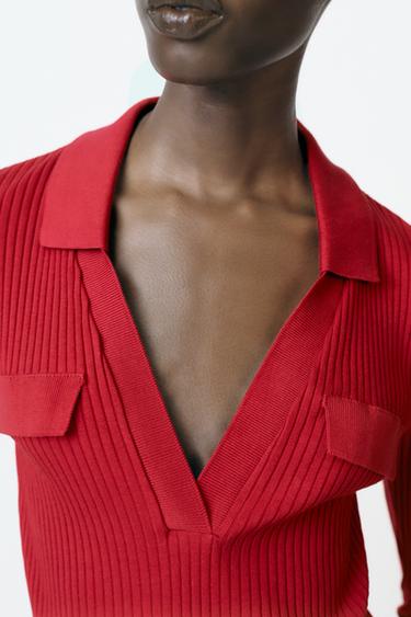 RIBBED POLO NECK T-SHIRT - Intense red by Zara
