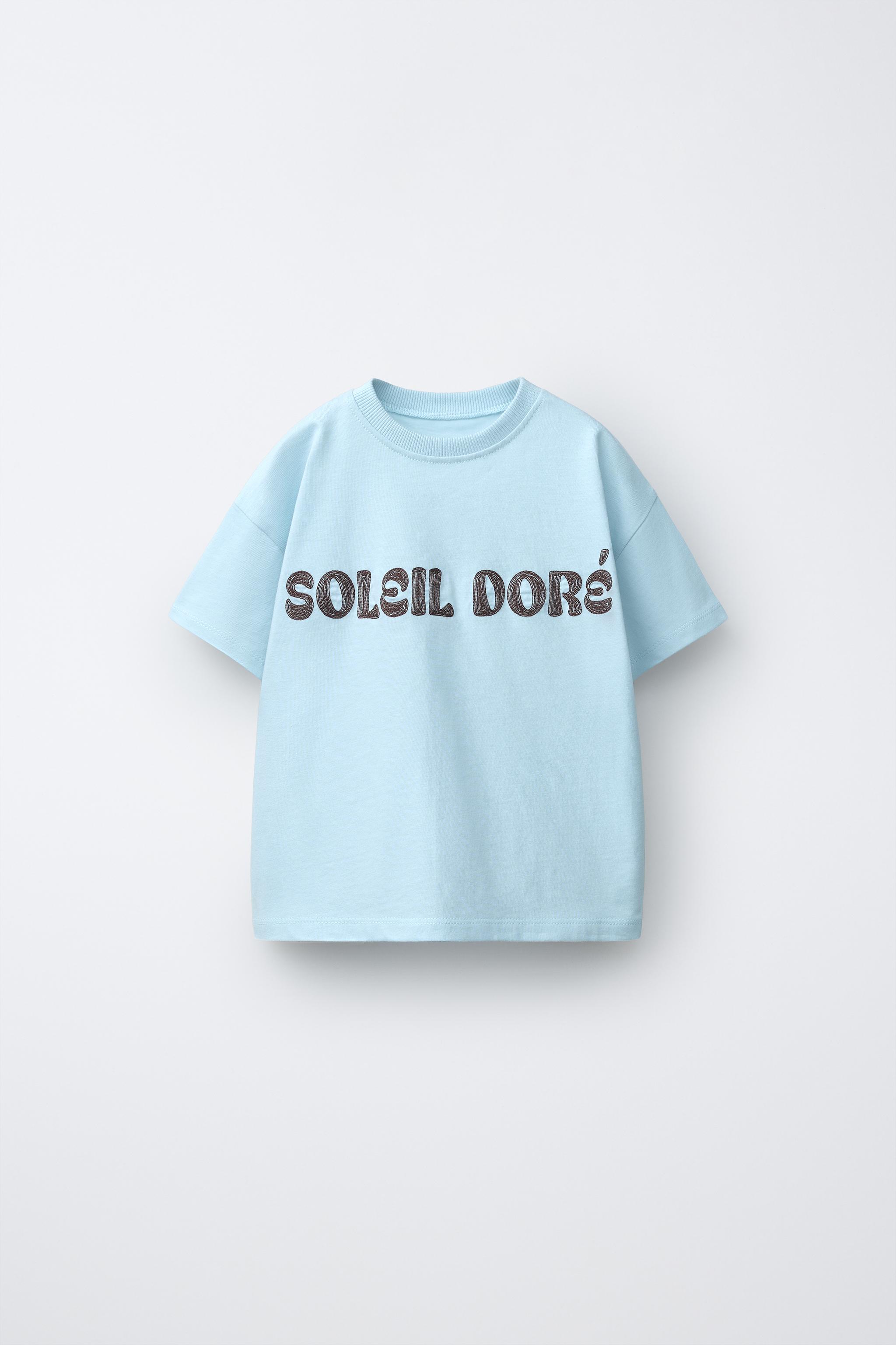 テキスト刺繍Tシャツ - ライト空色 | ZARA Japan / 日本