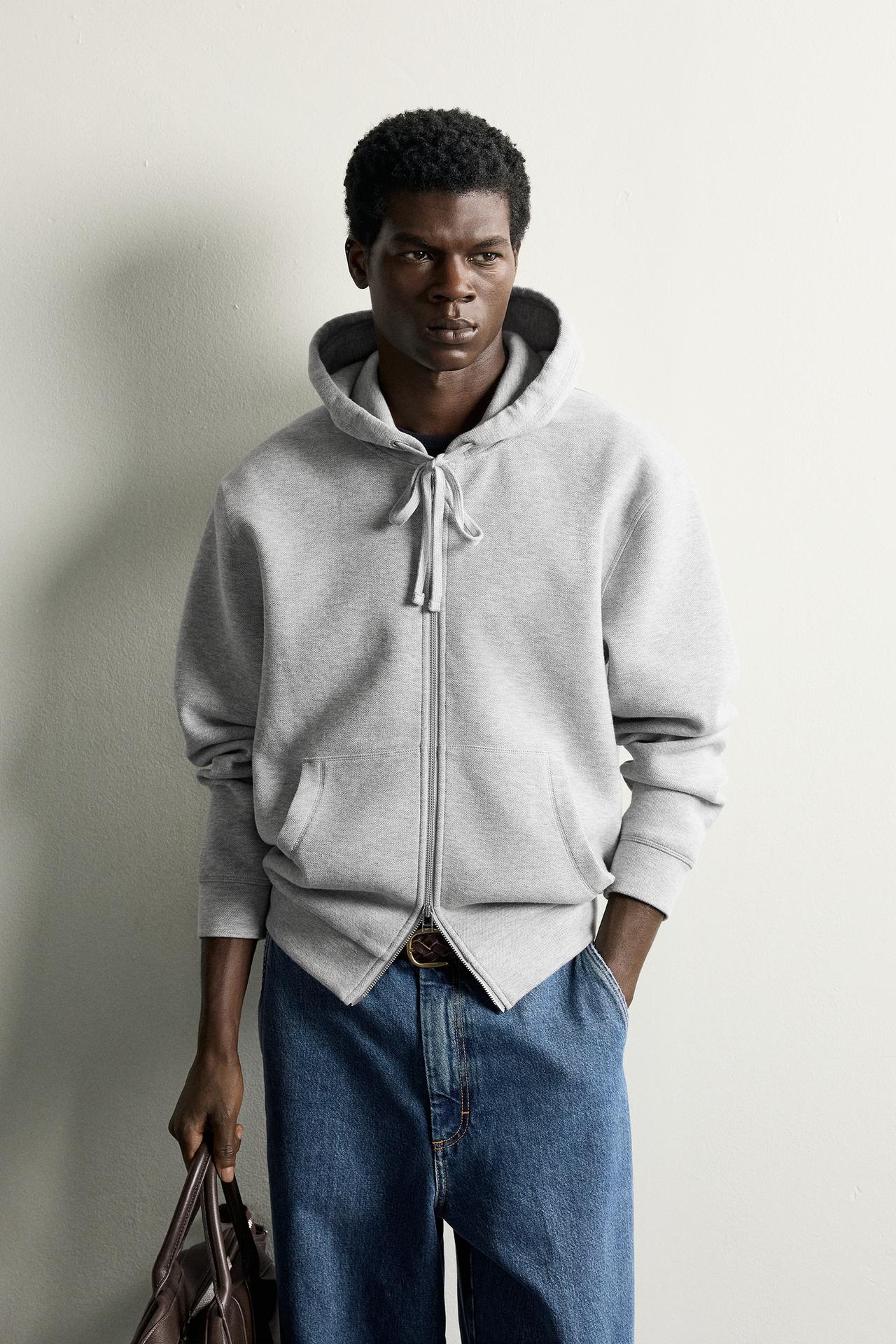 CONTRAST PIQUÉ HOODIE — Gray marl