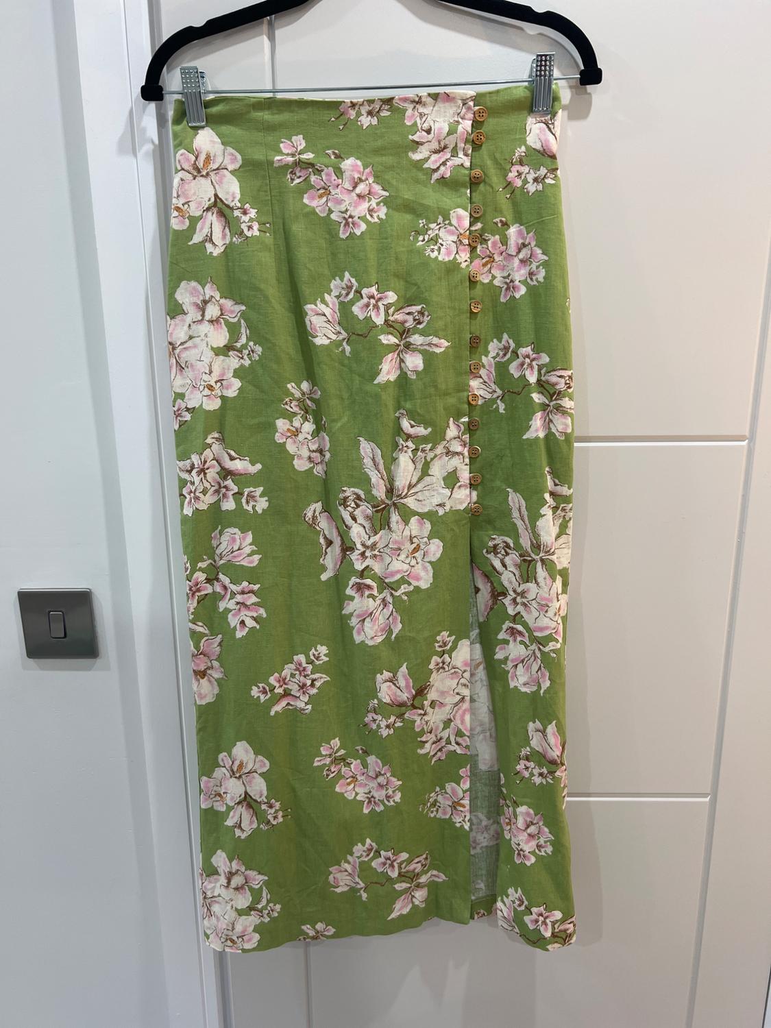 PRINTED LINEN-BLEND MIDI SKIRT