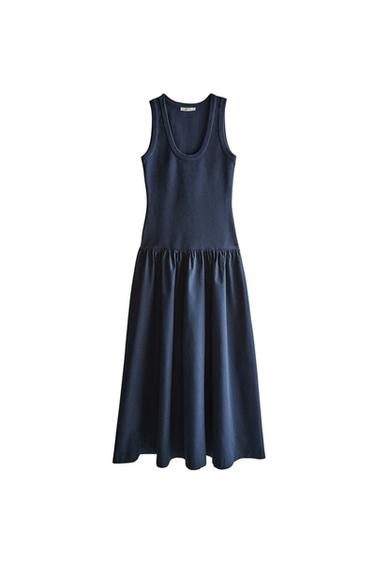 Zara FLARED MIDI DRESS - Navy blue
