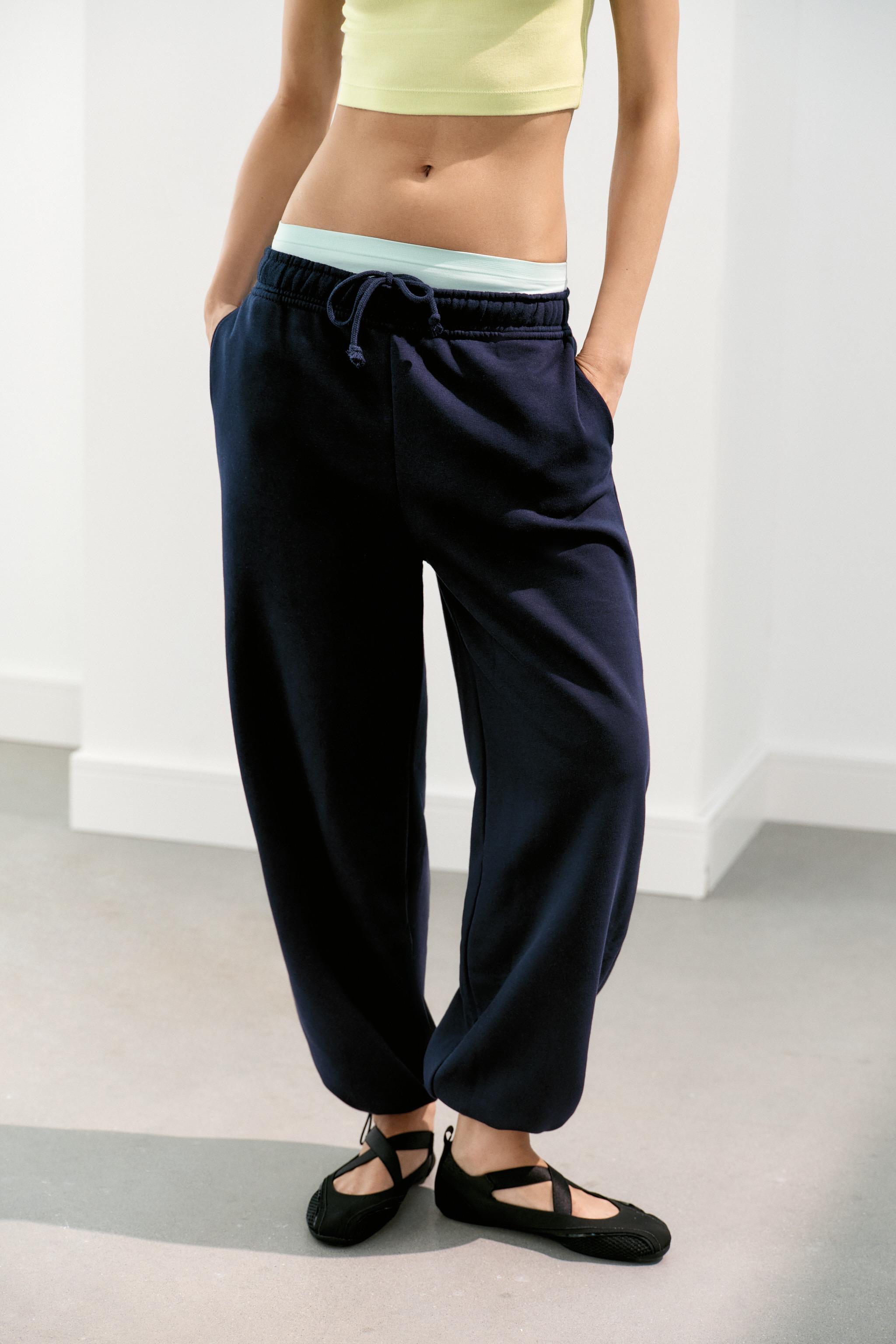 BASIC STRAIGHT-LEG PLUSH PANTS WITH ADJUSTABLE HEM — Navy blue
