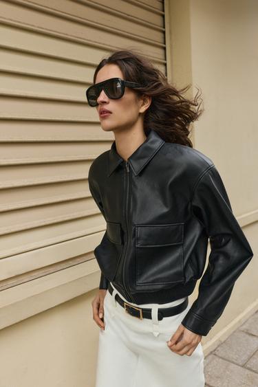 FAUX LEATHER BOMBER JACKET WITH SHOULDER PADS - Black by Zara - Image 2