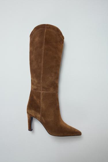 Zara STITCHED SPLIT LEATHER HEELED BOOTS - Brown