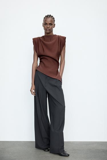 GATHERED TOP WITH SHOULDER PADS - Dark brown by Zara - Image 0