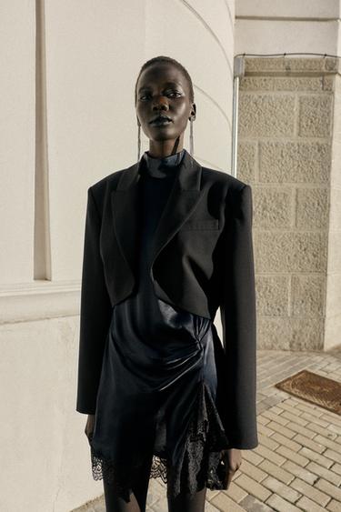 Zara 短版墊肩摺皺西裝外套 - 黑色