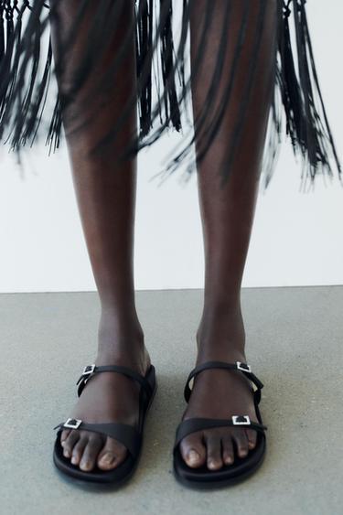 SATIN FLAT SANDALS - Black by Zara - Image 0