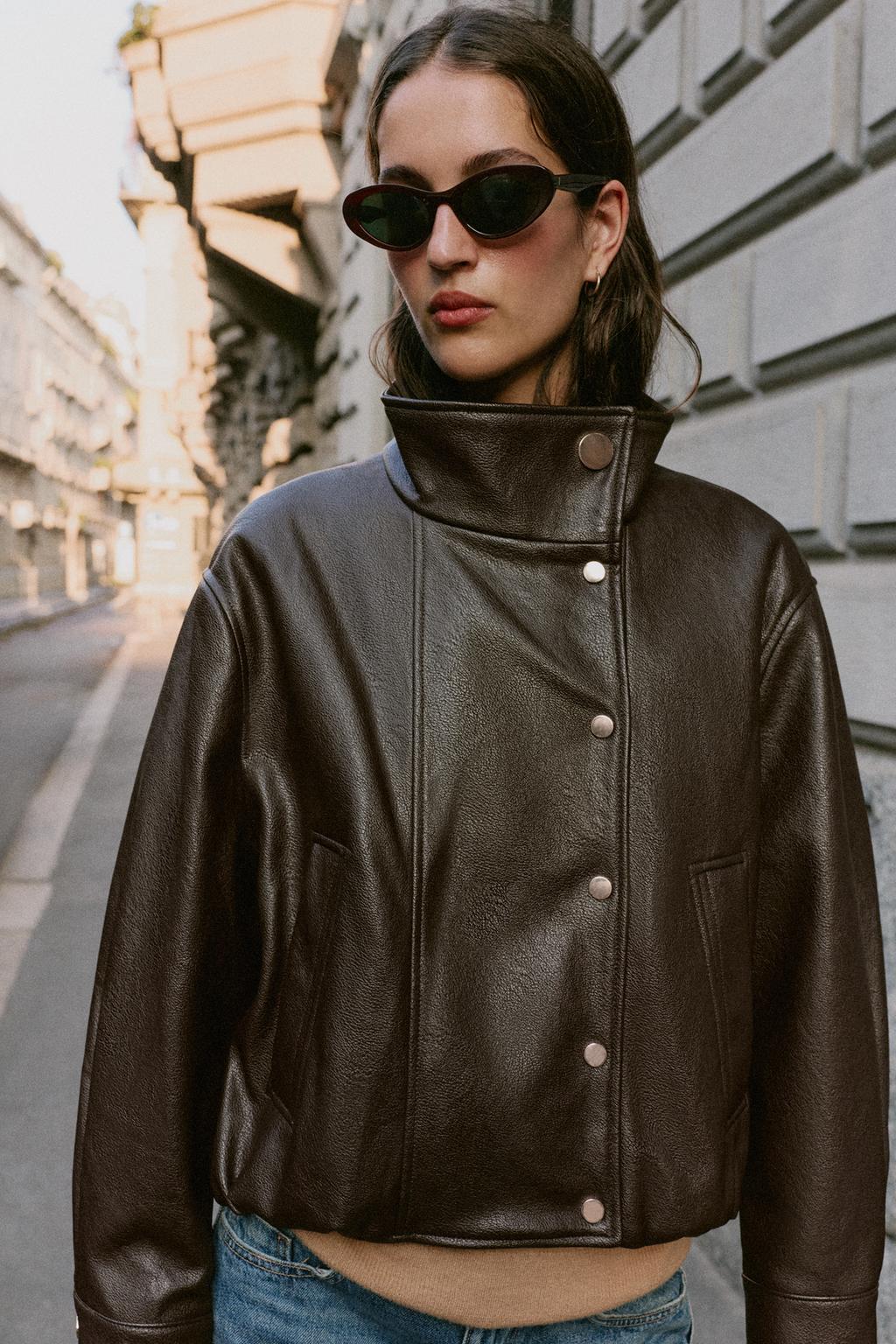 HIGH-NECK LEATHER EFFECT BOMBER JACKET