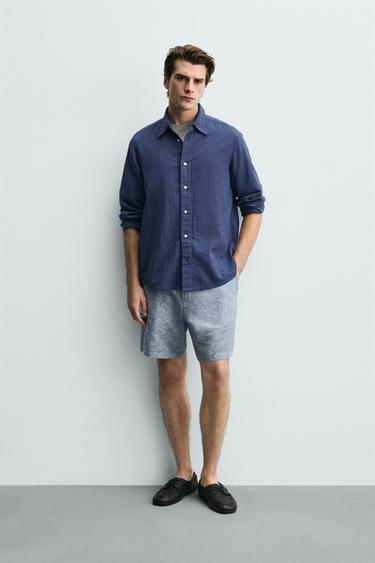 REGULAR FIT TEXTURED BERMUDA SHORTS - Blue/White by Zara - Image 0