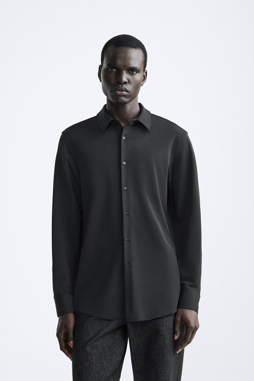 ザラ ZARA スリムフィットストレッチシャツ メンズ import S か弱い 黒