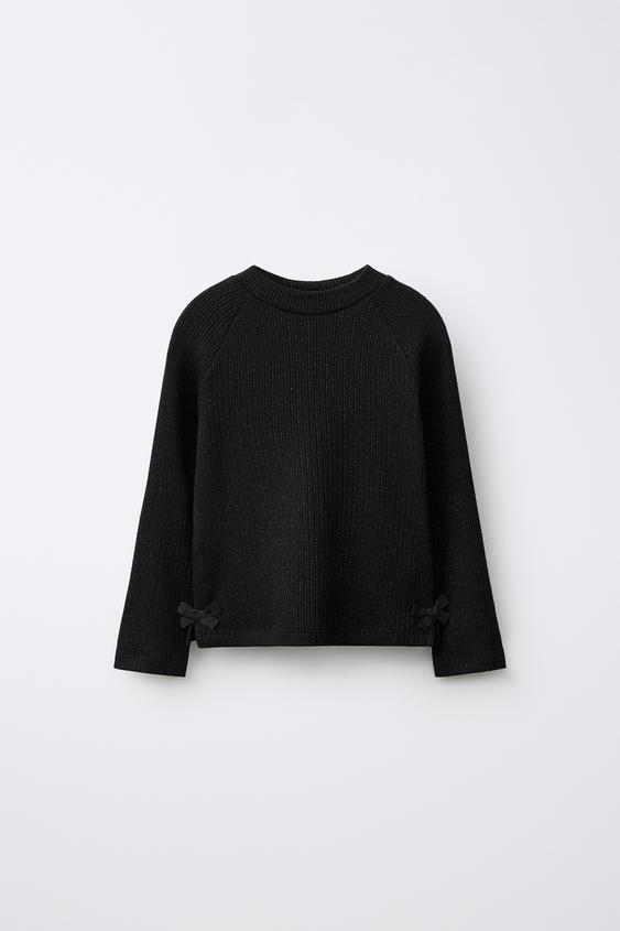 SHINY T-SHIRT WITH BOWS - Black by Zara - Image 0