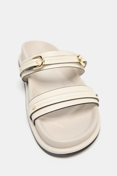 BUCKLED FLAT SLIDER SANDALS - Ecru White by Zara - Image 4