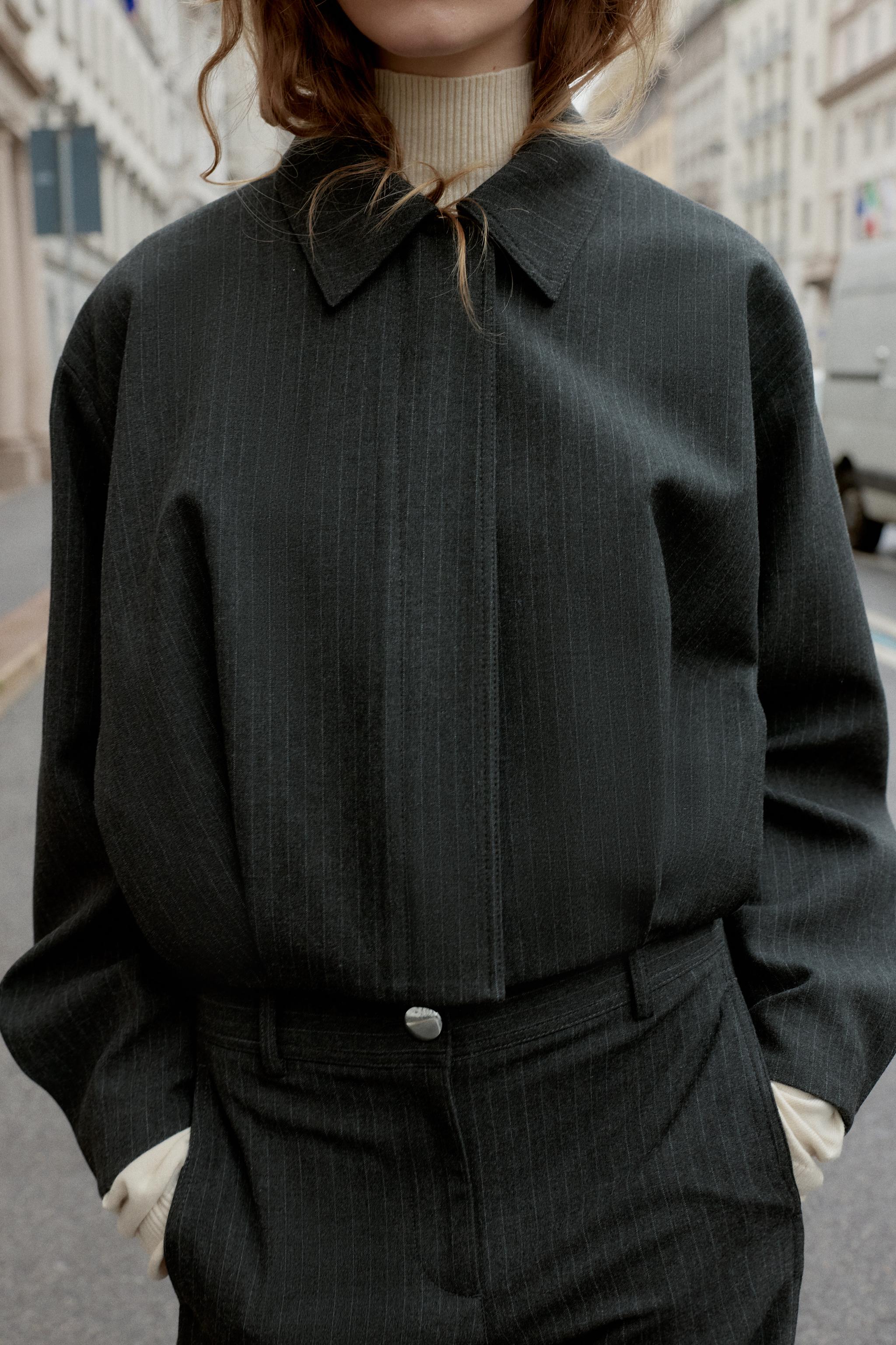 CROPPED PINSTRIPE BALLOON BOMBER JACKET