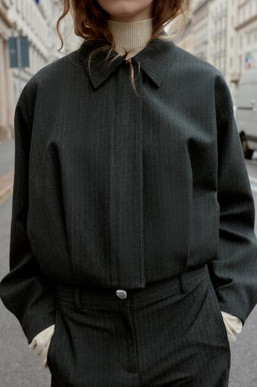 SHORT PINSTRIPE BALLOON BOMBER JACKET - Grey by Zara