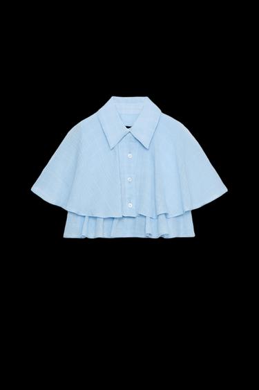 Zara RUFFLED CROP SHIRT - Sky blue