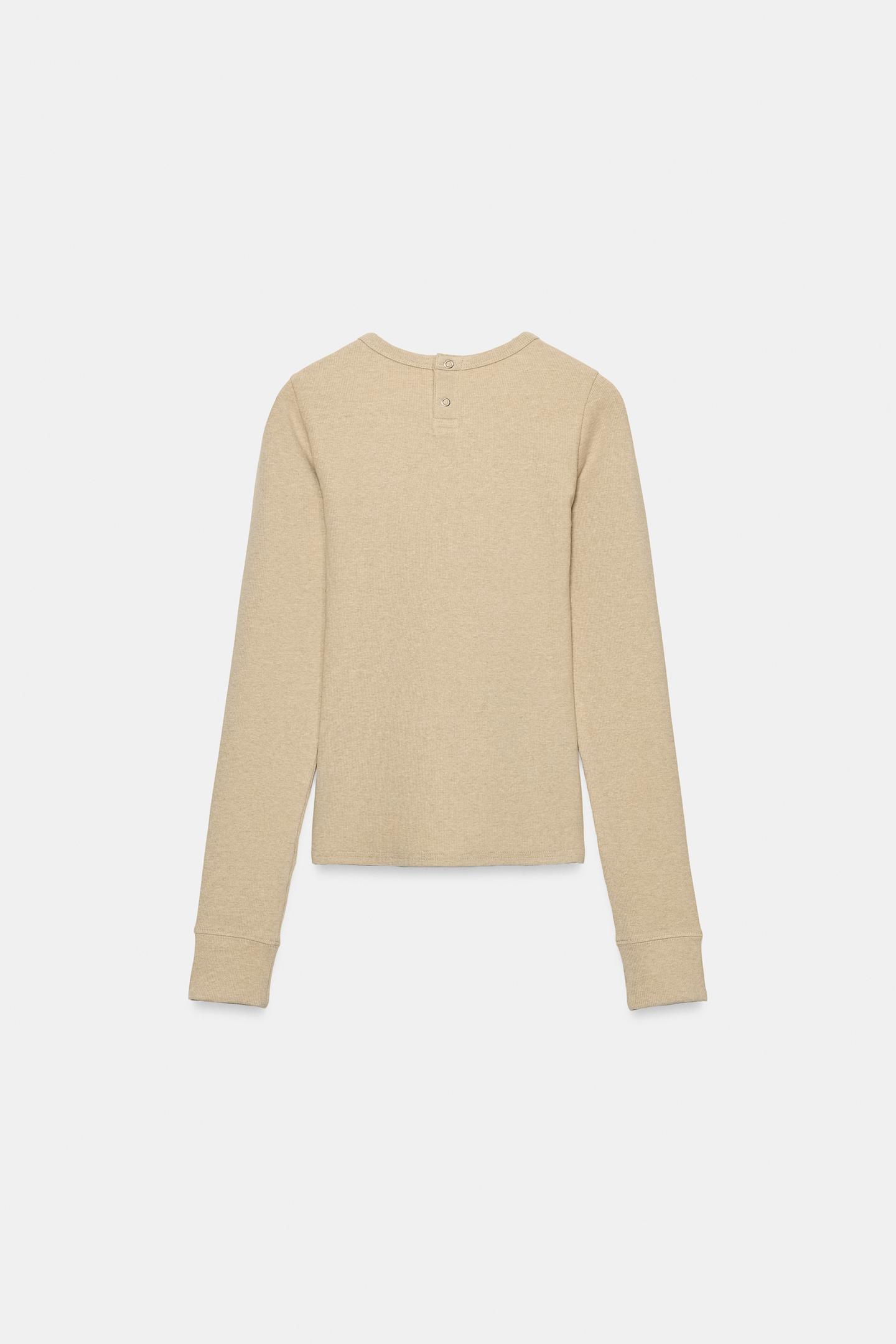 Женская футболка Zara Ribbed Snap, цвет: Бежевый меланжевый — фото 6