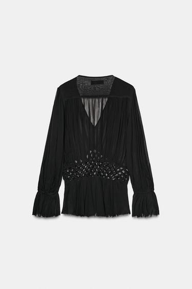 V-NECK MACRAMÉ BLOUSE ZW COLLECTION - Black by Zara - Image 9