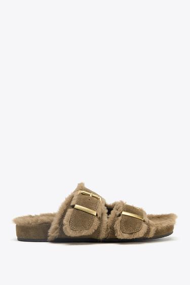Zara FAUX FUR FLAT BUCKLE SANDALS - Taupe Gray