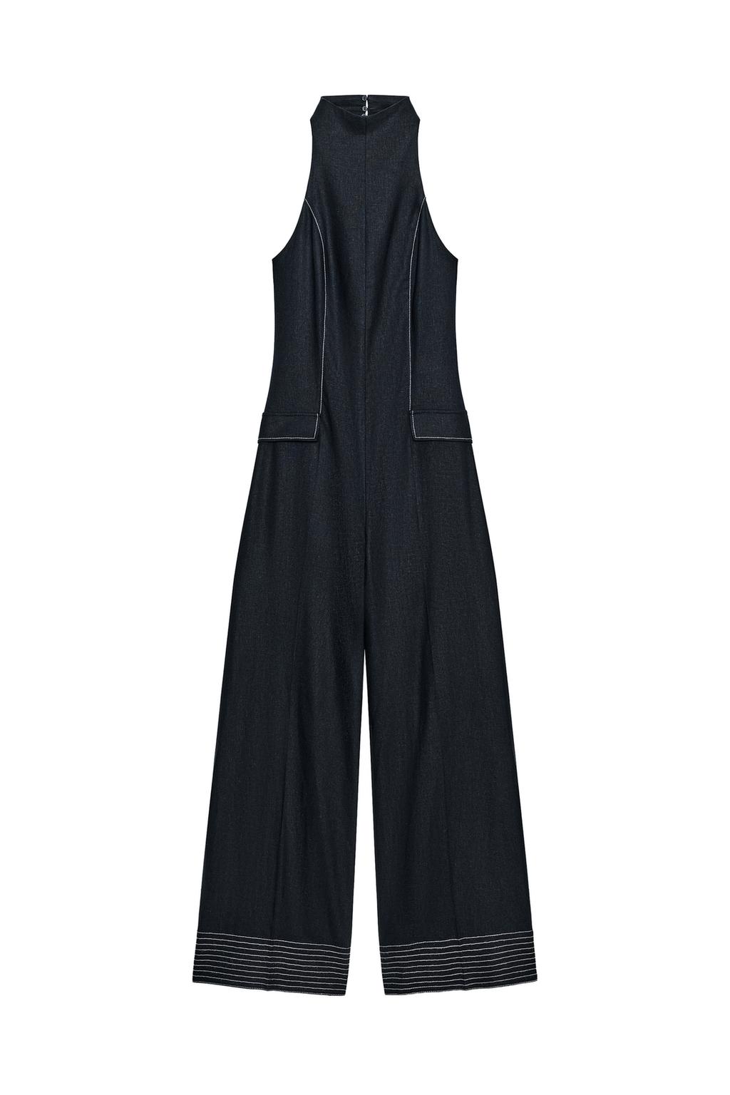 LINEN HALTER JUMPSUIT WITH CONTRAST TOPSTITCHING - image 3