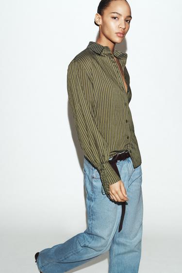 CHEMISE À RAYURES AVEC LACETS - Kaki foncé de Zara - Image 2