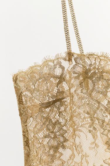 TOP EN DENTELLE AVEC FIL MÉTALLISÉ - Doré de Zara - Image 4