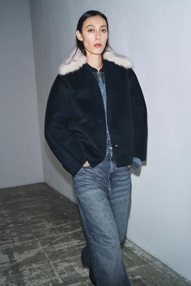 WOOL JACKET WITH FAUX FUR COLLAR ZW COLLECTION - Navy blue by Zara