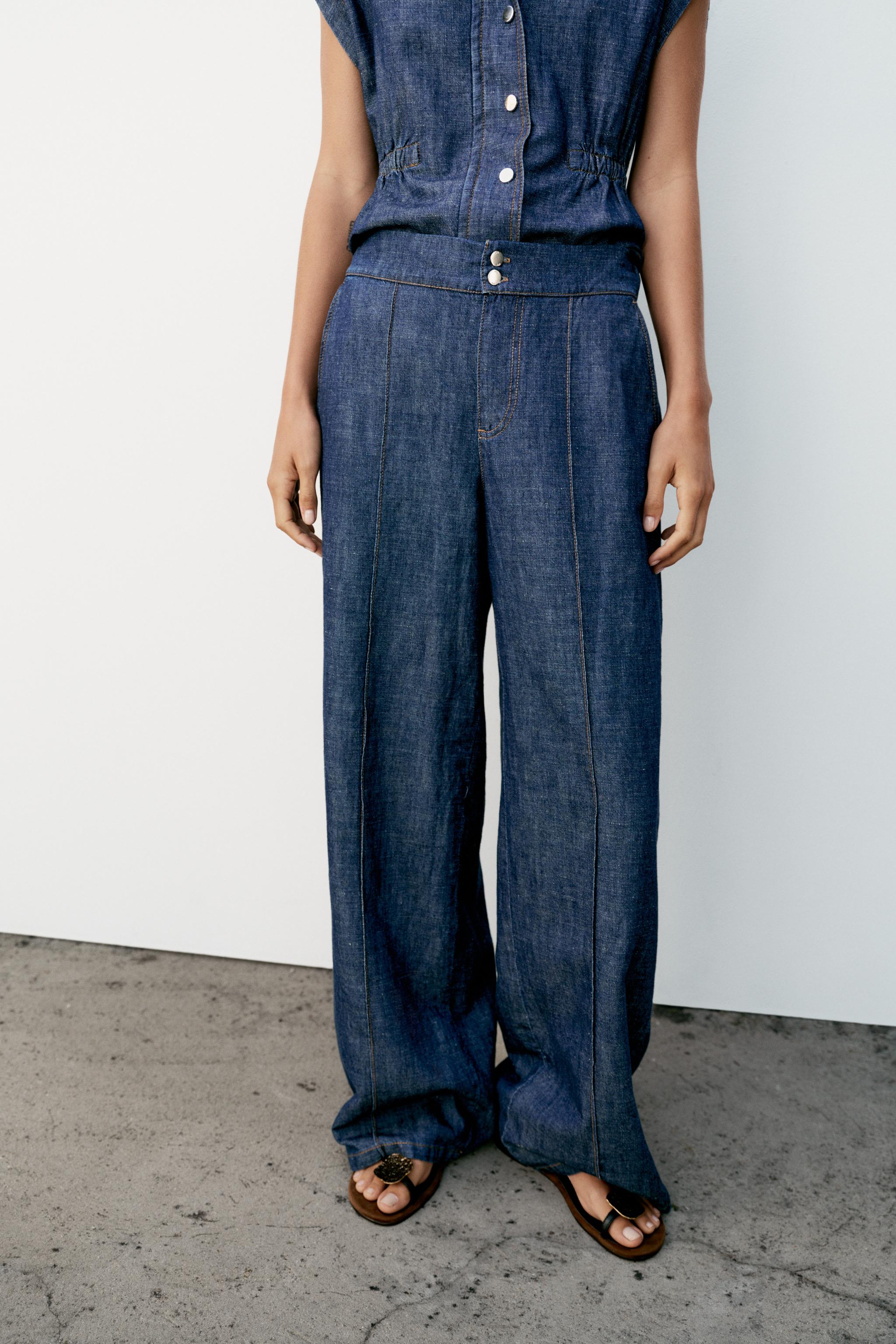 LINEN BLEND STRAIGHT LEG PANTS — Indigo