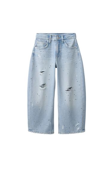 Zara RIPPED AND RHINESTONE BALLOON JEANS - Light blue