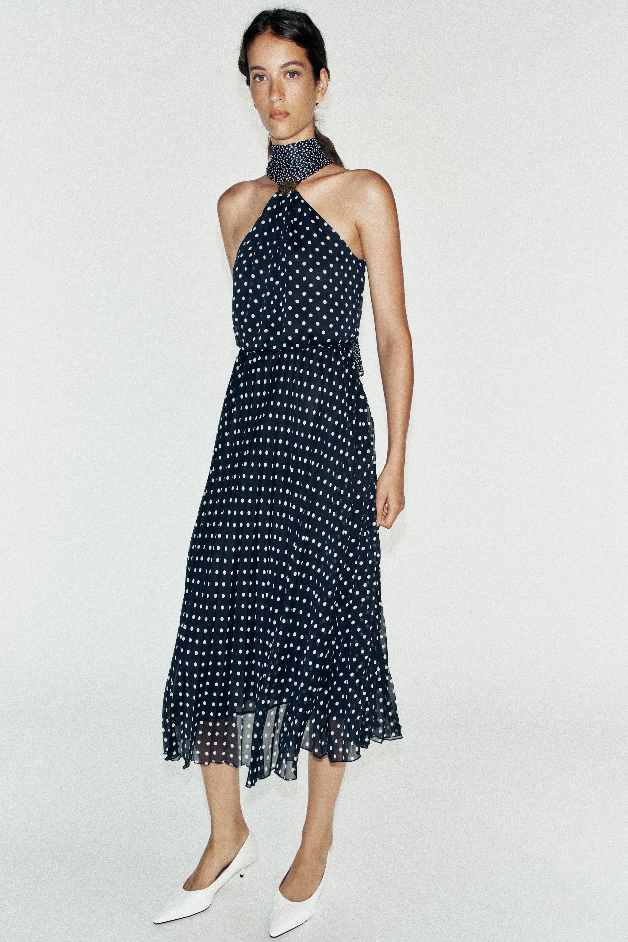 POLKA DOT HALTER MIDI DRESS — Navy / White