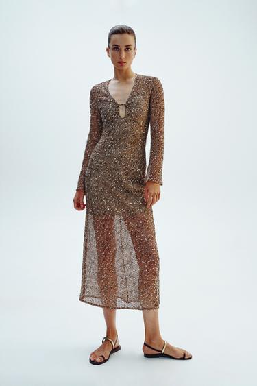 Zara SEQUIN MIDI DRESS - Brown - Image 0