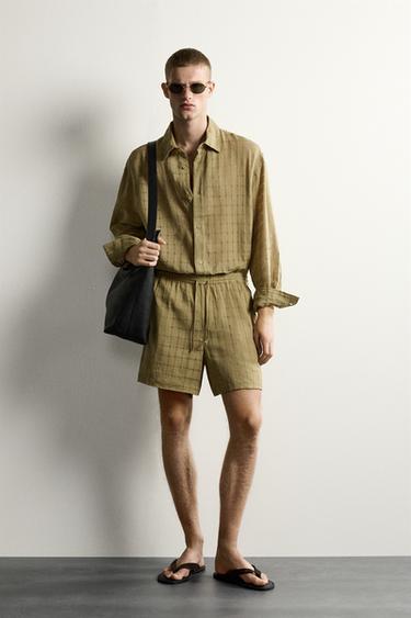 RELAXED FIT JACQUARD CHECKED LINEN/COTTON SHIRT - Light khaki by Zara - Image 0