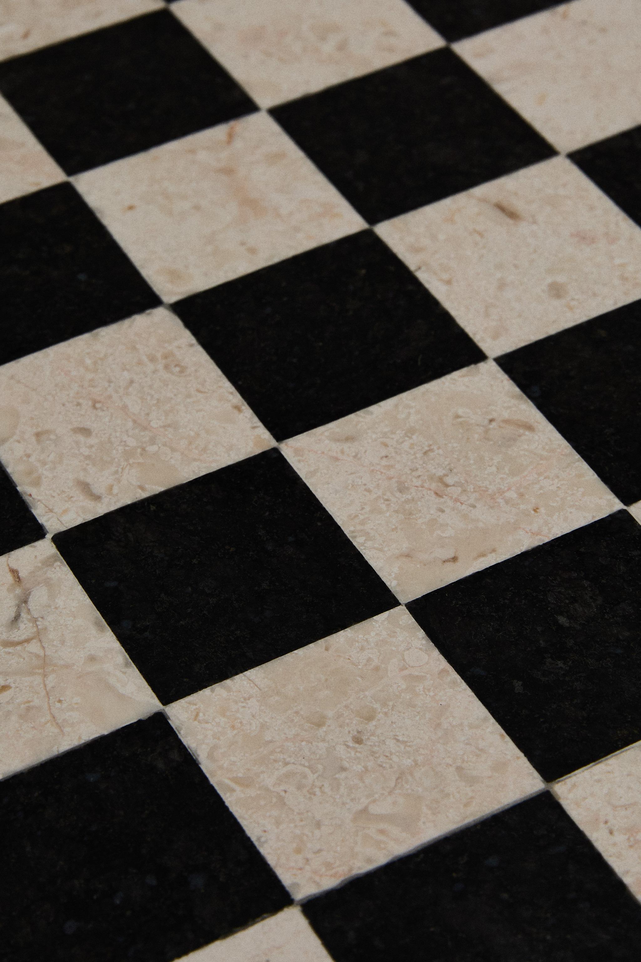 TEAK SIDE TABLE WITH MARBLE CHESS TOP