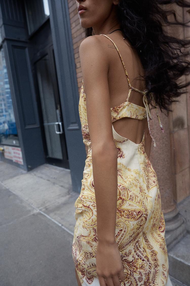 PRINTED MIDI LINEN BLEND DRESS