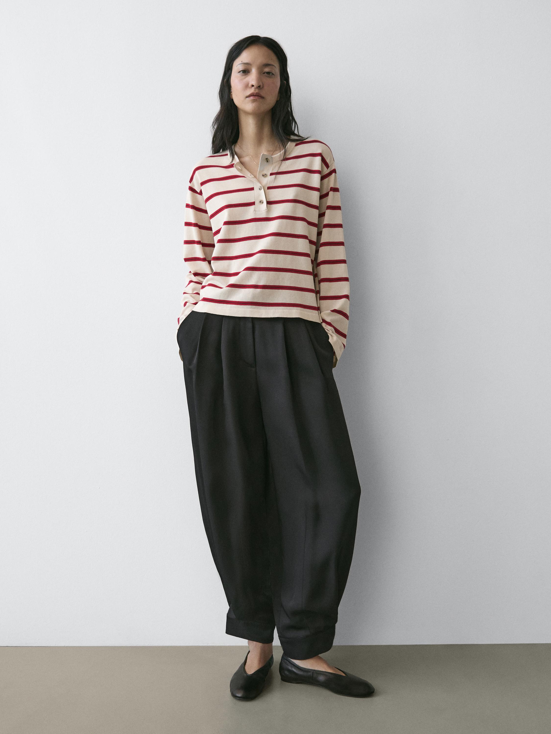 100% cotton striped knit henley sweater
