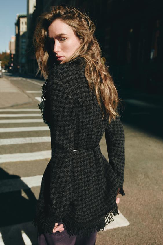 VESTE EN MAILLE Pied-de-poule CEINTURE - Noir de Zara - Image 5