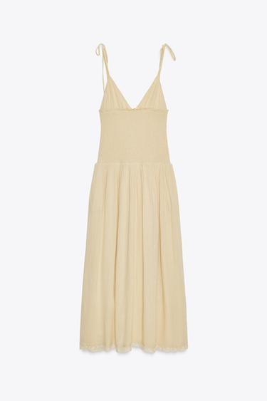 CONTRAST SMOCKED MIDI DRESS - Beige by Zara