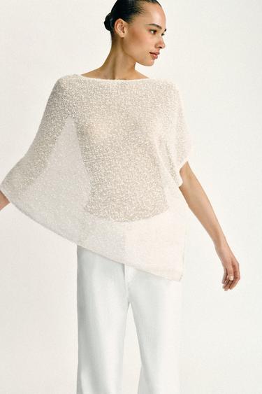 Zara ASYMMETRIC METALLIC THREAD CAPE - Ecru