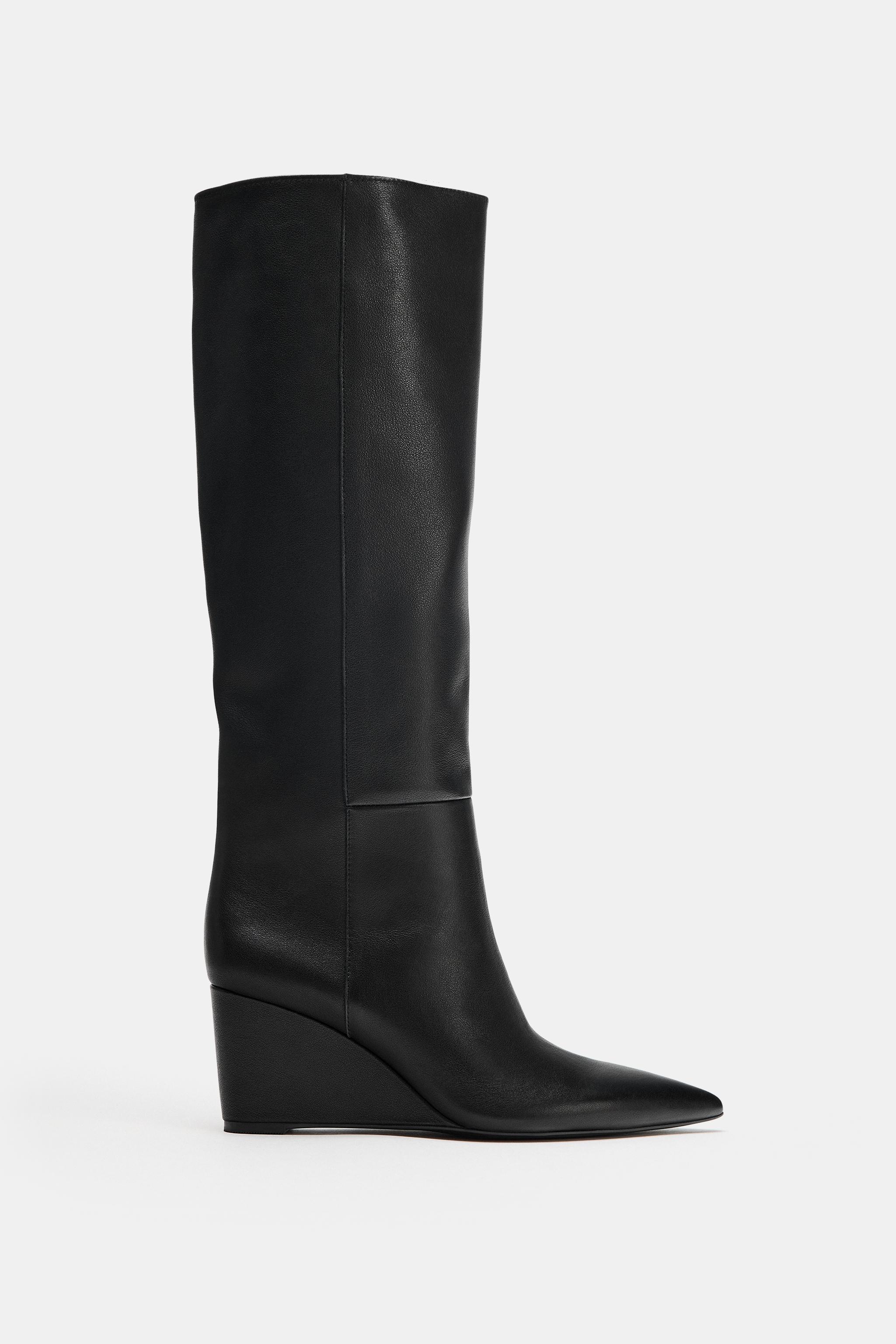 LEATHER WEDGE BOOTS — Black