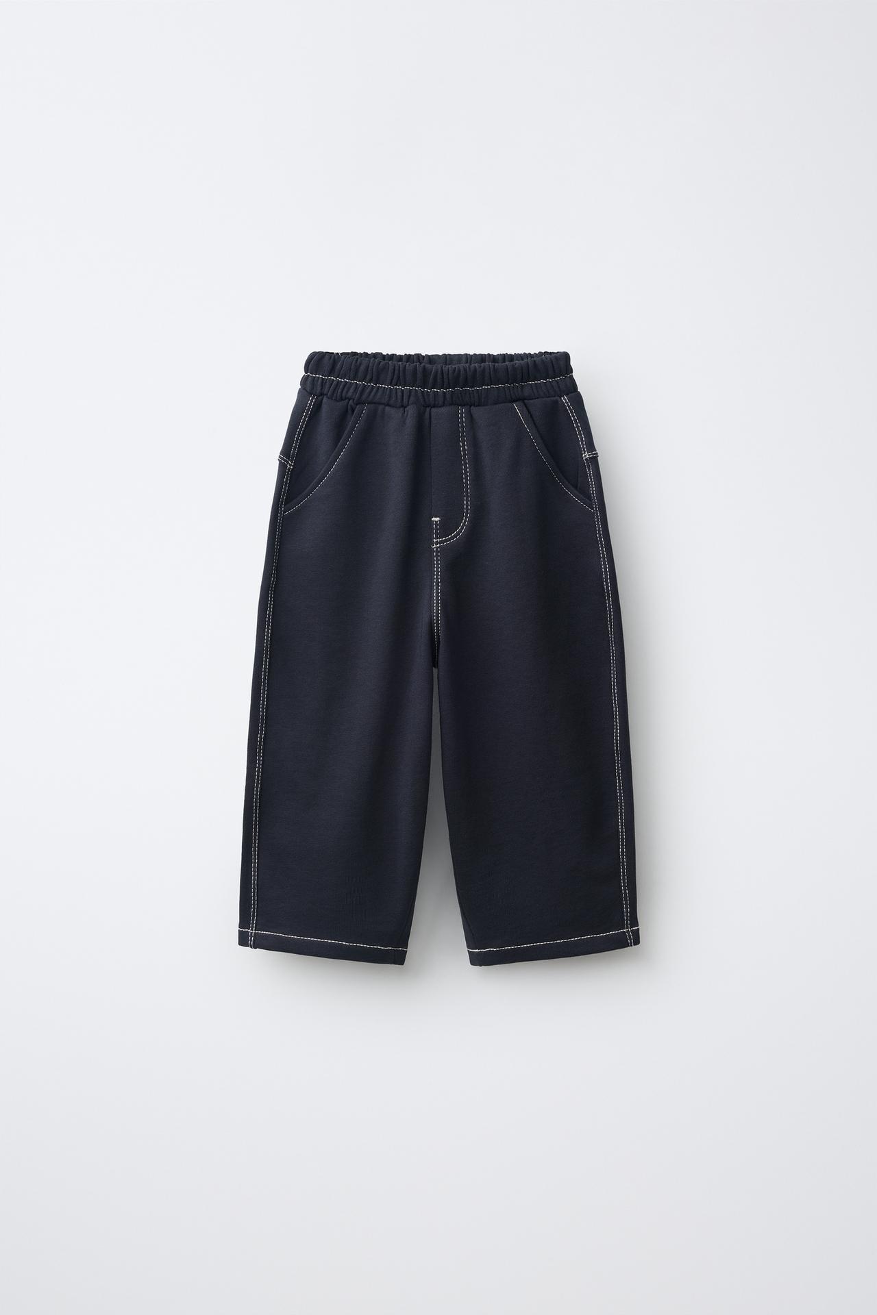 CONTRAST STITCHING FLEECE BAGGY PANTS — Black