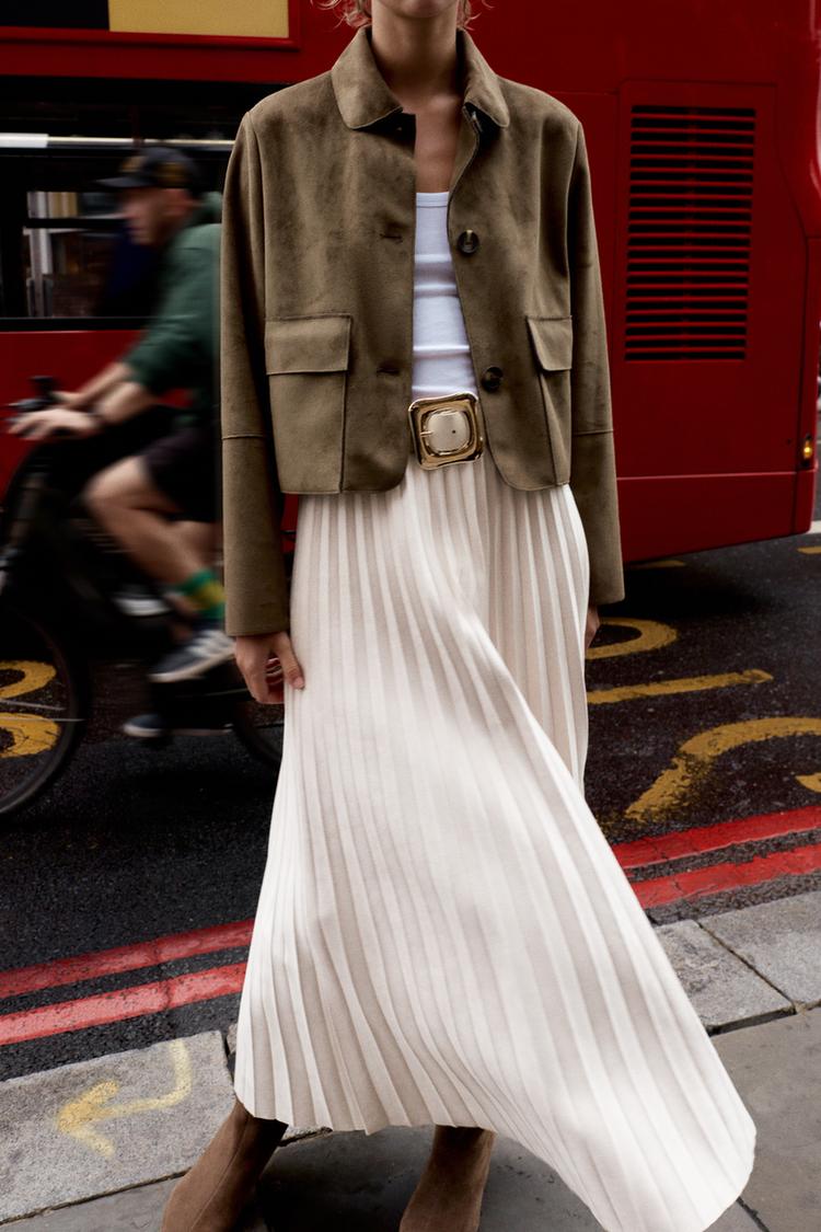 BELTED FAUX SUEDE EFFECT PLEATED MIDI SKIRT